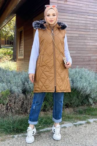 Fermuarlı Kapitone Yelek TSD220911 Taba 