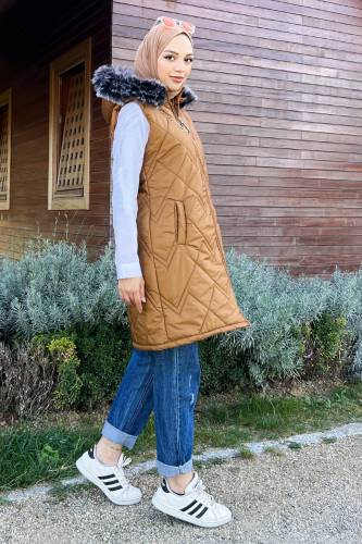 Fermuarlı Kapitone Yelek TSD220911 Taba - 4