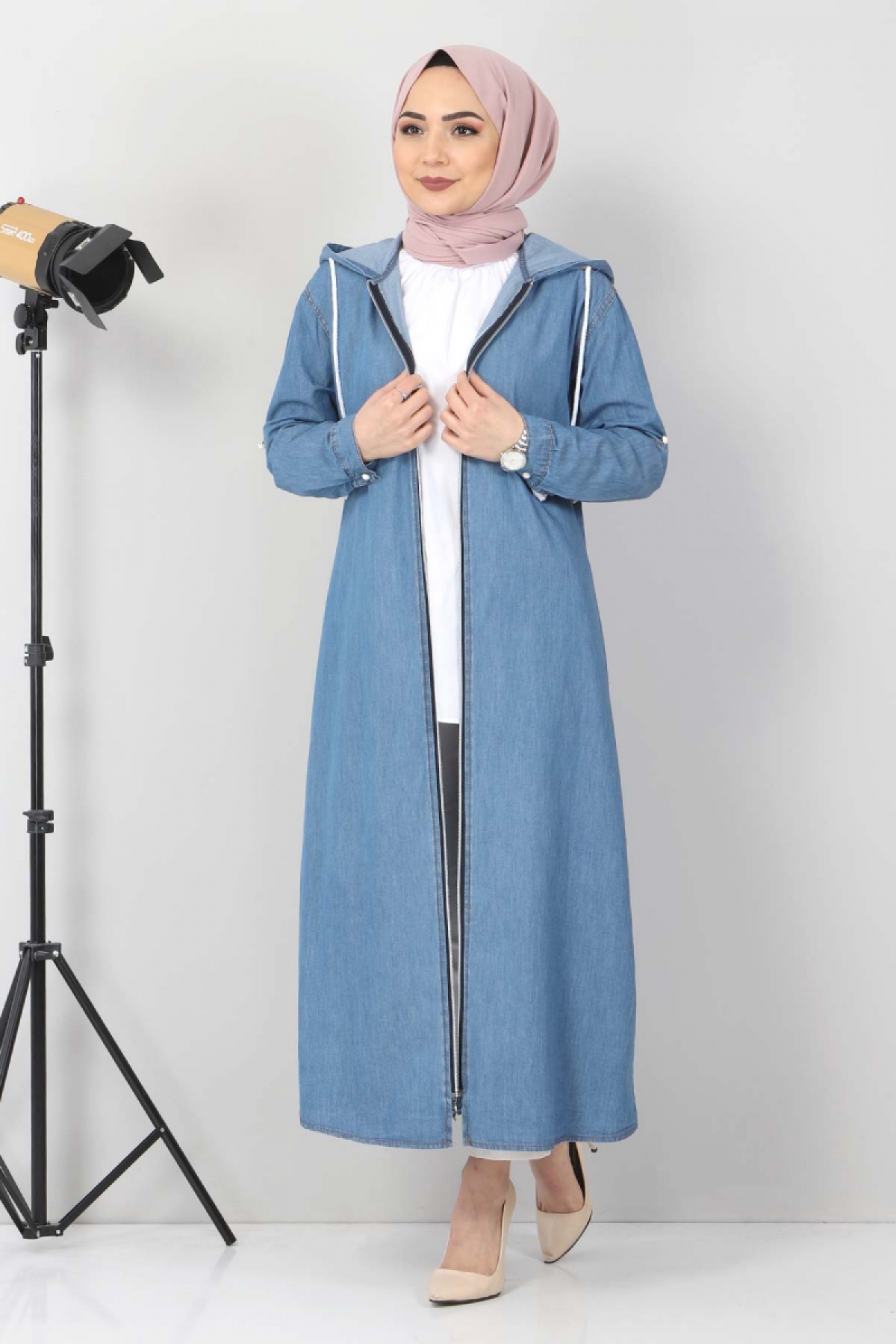 Tesettür Dünyası - Zippered Hijab Jeans Coat TSD18202 Light Blue