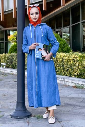 Fermuarlı Tesettür Kot Kap TSD220839 Açık Mavi - Tesettür Dünyası