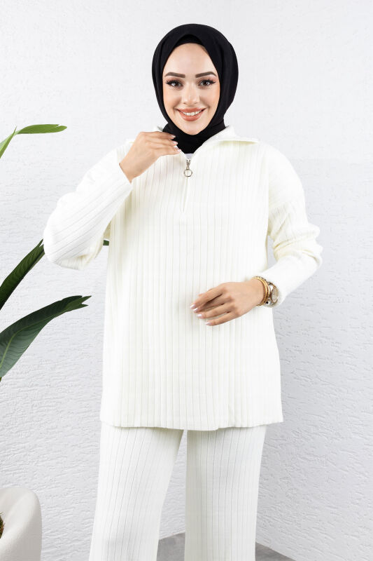 Fermuarlı Triko Takım TSD240950 Beyaz - Tesettür Dünyası (1)