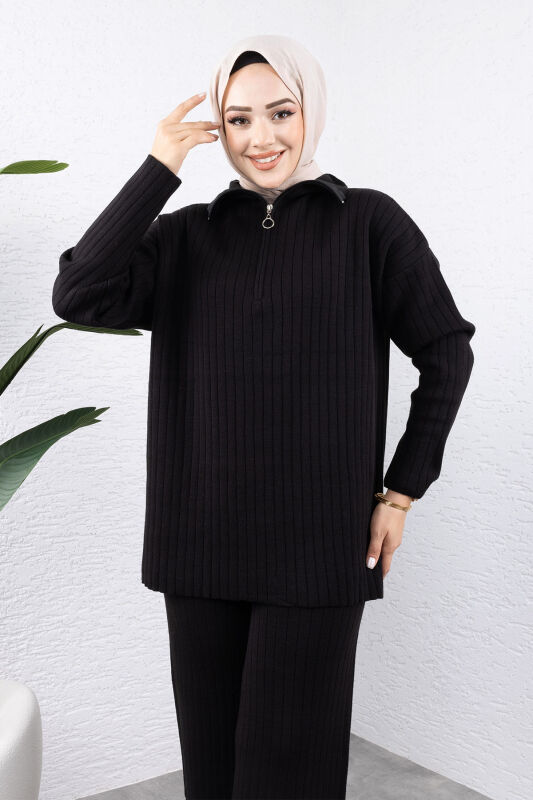 Fermuarlı Triko Takım TSD240950 Siyah - Tesettür Dünyası (1)