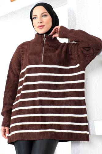 Fermuarlı Triko Tunik TSD230219 Kahverengi 