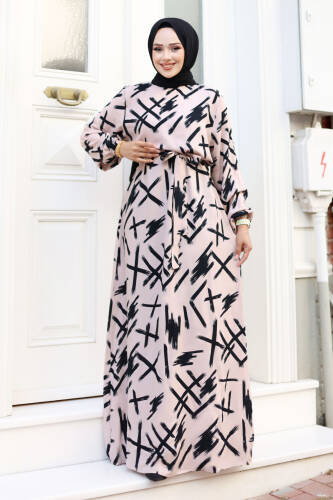 Fırça Desenli Beli Kuşaklı Elbise TSD240228 Bej 