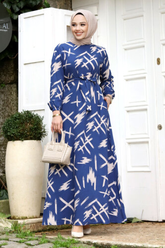 Fırça Desenli Beli Kuşaklı Elbise TSD240228 Mavi - 3