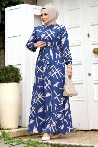 Fırça Desenli Beli Kuşaklı Elbise TSD240228 Mavi 