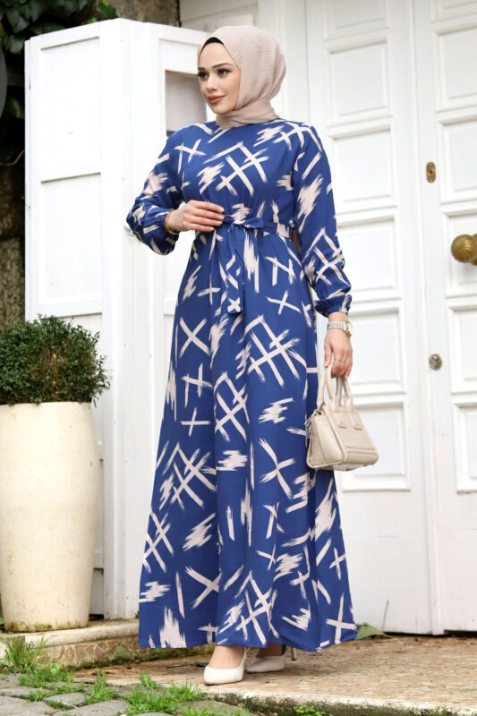 Fırça Desenli Beli Kuşaklı Elbise TSD240228 Mavi - 1