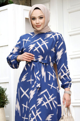 Fırça Desenli Beli Kuşaklı Elbise TSD240228 Mavi - 2
