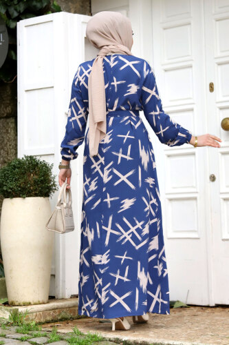 Fırça Desenli Beli Kuşaklı Elbise TSD240228 Mavi - 4