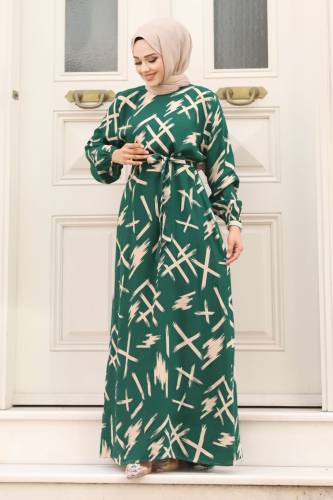 Fırça Desenli Beli Kuşaklı Elbise TSD240228 Zümrüt Yeşili 