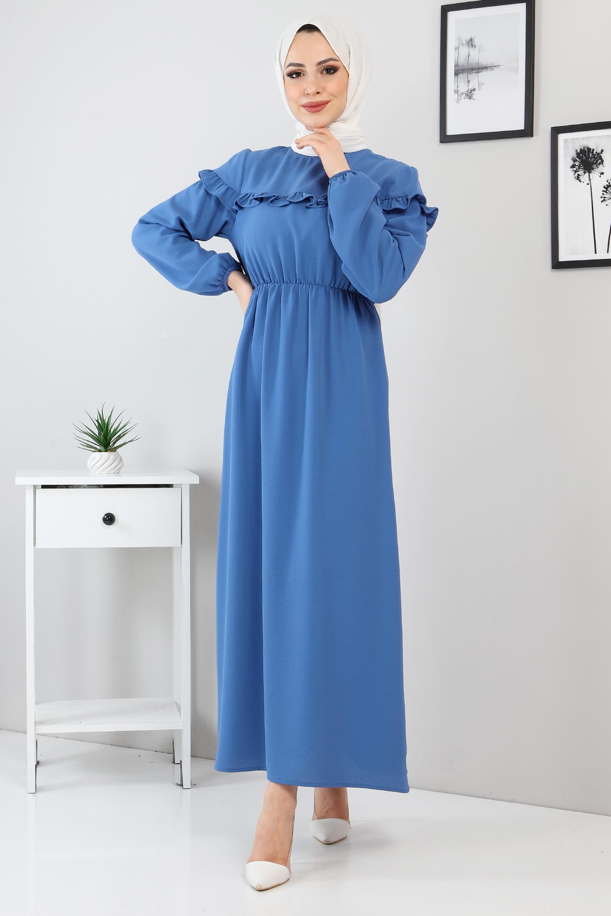 Tesettür Dünyası - Fırfır Detaylı Elbise TSD220130 Mavi