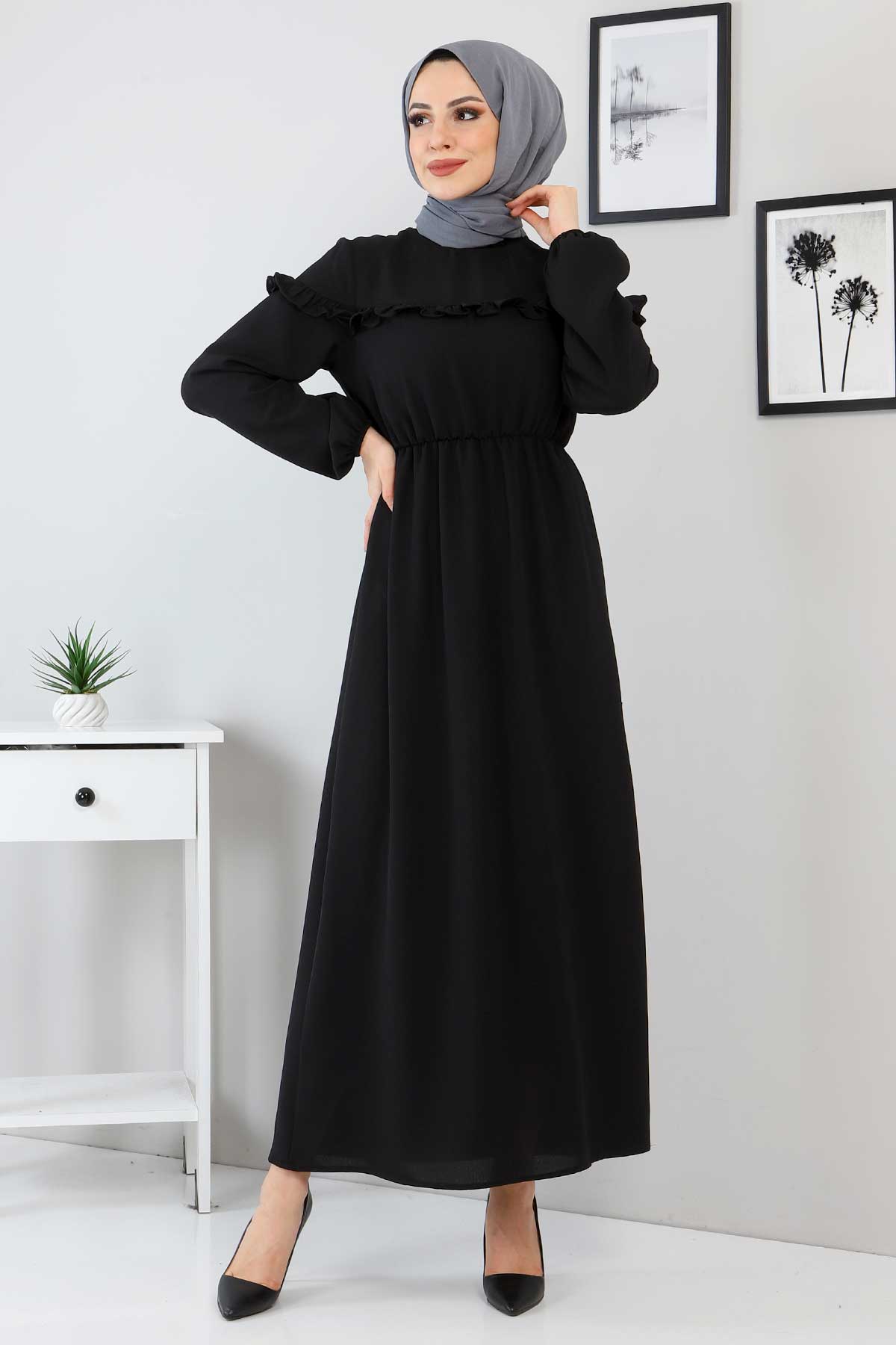 Tesettür Dünyası - Fırfır Detaylı Elbise TSD220130 Siyah