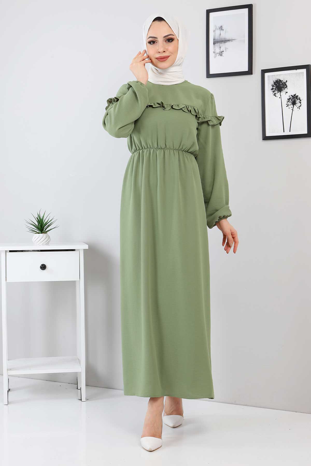 Tesettür Dünyası - Fırfır Detaylı Elbise TSD220130 Yeşil