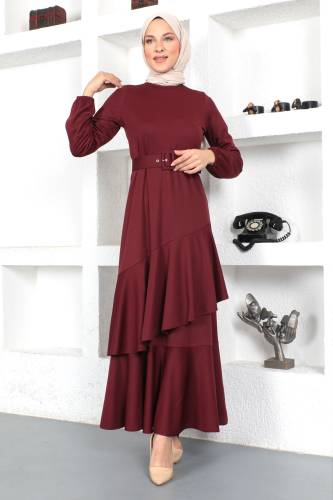 Fırfırlı Elbise TSD230401 Mürdüm 