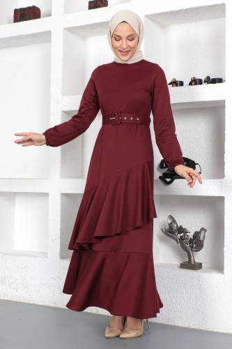 Fırfırlı Elbise TSD230401 Mürdüm - 2