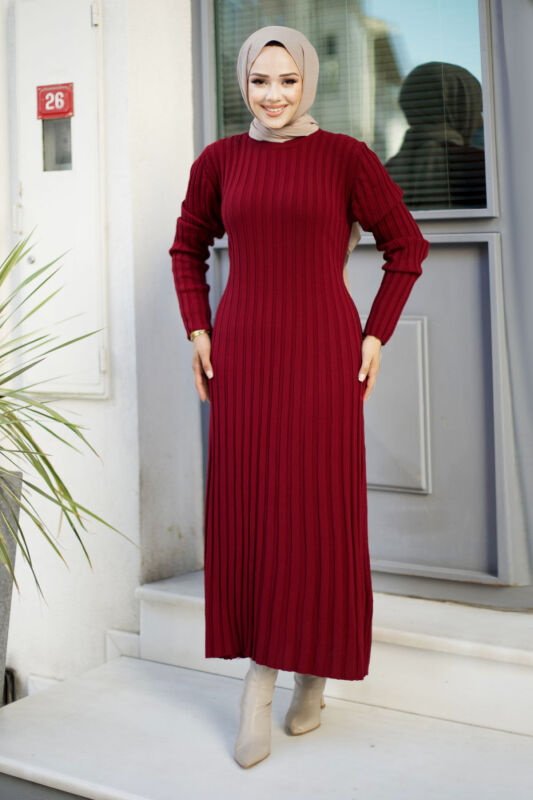 Fitilli Bisiklet Yaka Triko Elbise TSD240804 Bordo - 1