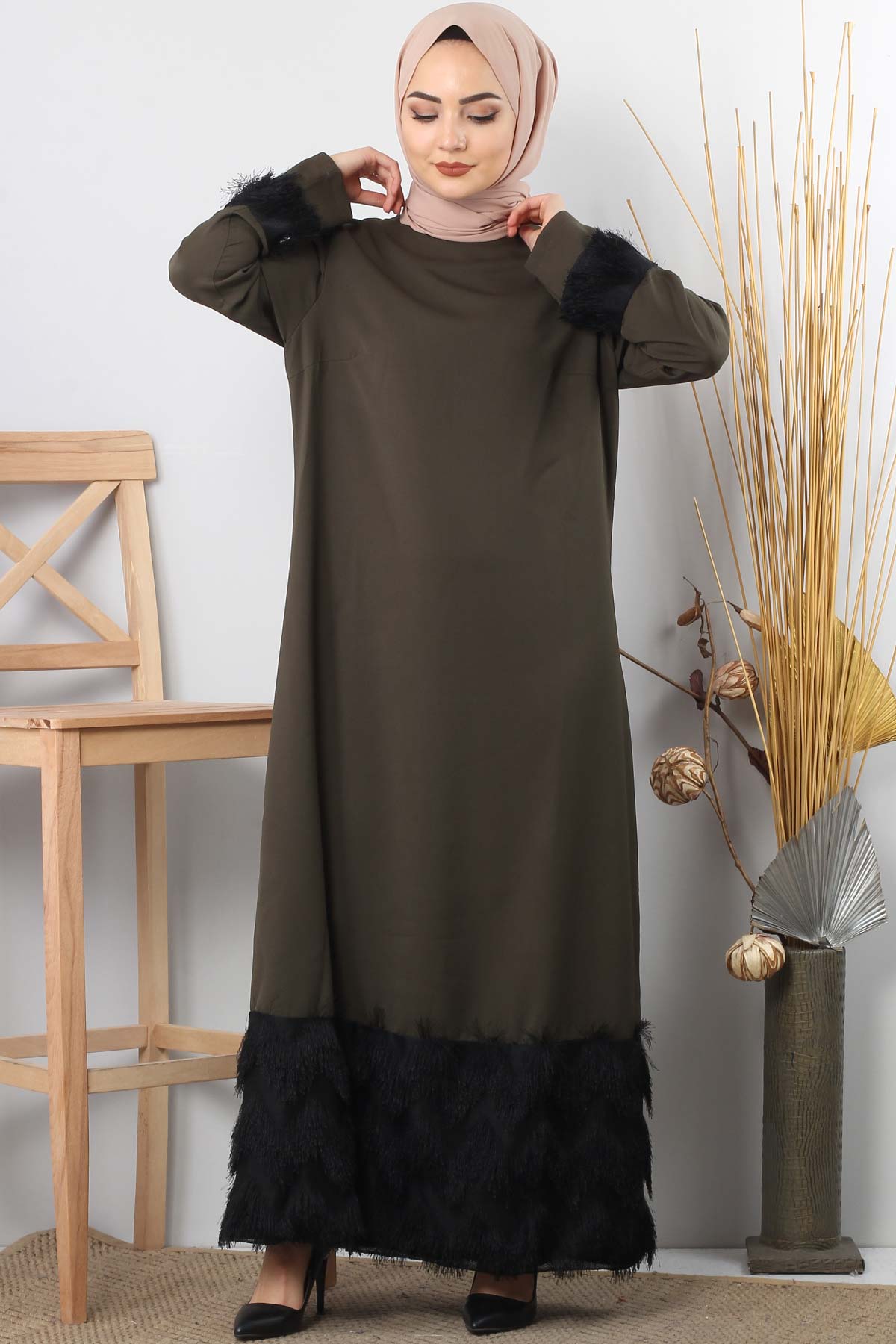 Tesettür Dünyası - Fringe embellished dress TSD0963 Khaki