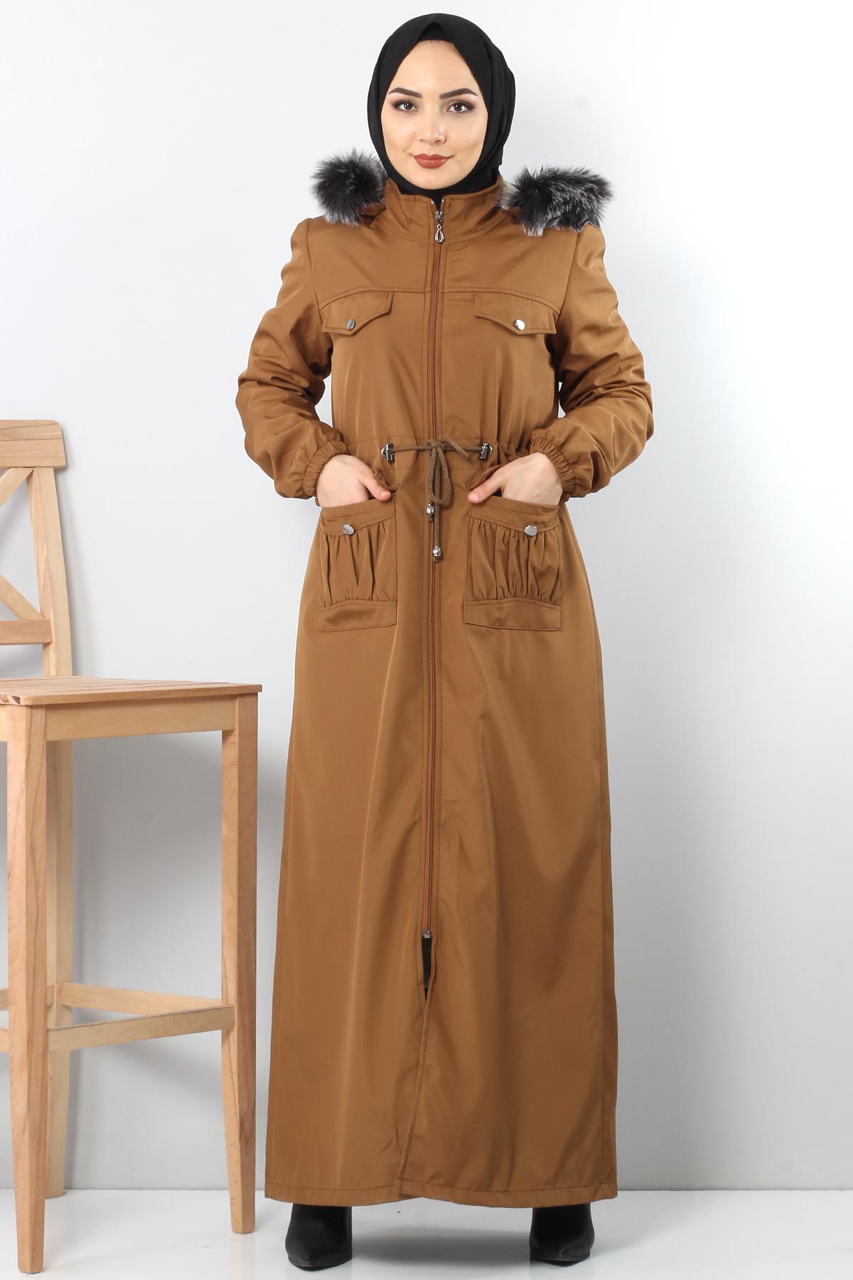 Tesettür Dünyası - Full length coat TSD8907 with pockets Brown.