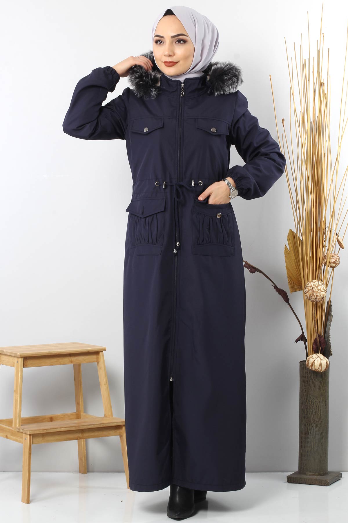 Tesettür Dünyası - Full length coat TSD8907 with pockets Dark Blue.