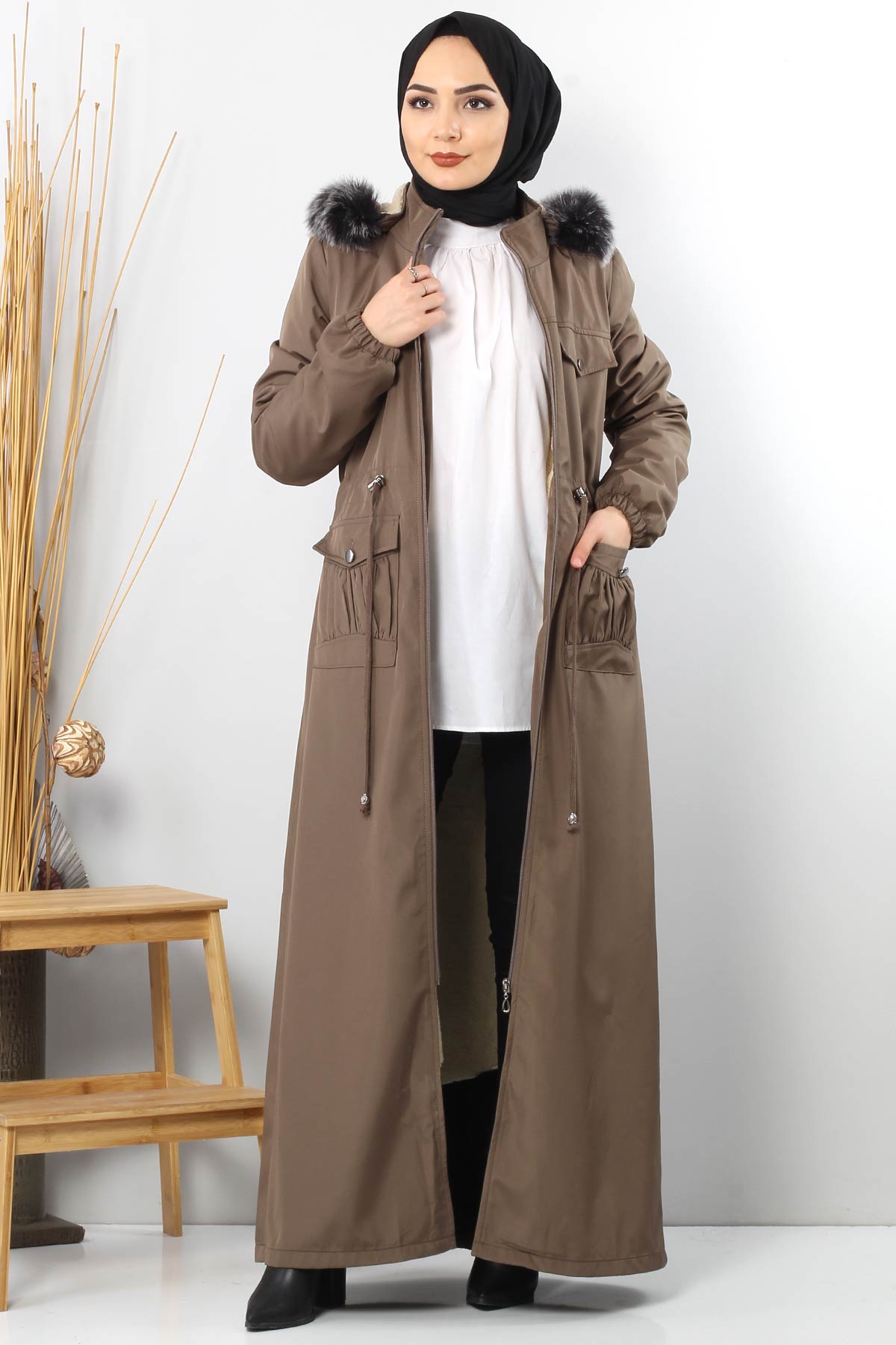 Tesettür Dünyası - Full length coat TSD8907 with pockets Nude.
