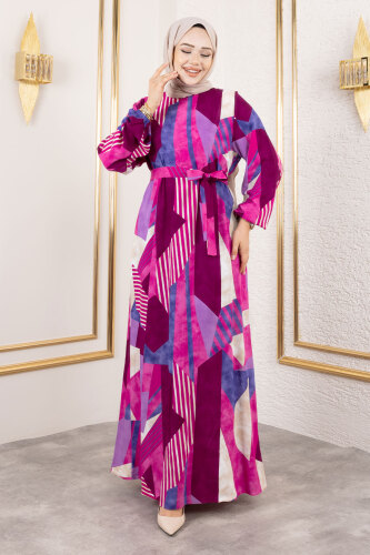 Geometrik Desenli Beli Kuşaklı Viskon Elbise TSD250213 Fuşya - Tesettür Dünyası