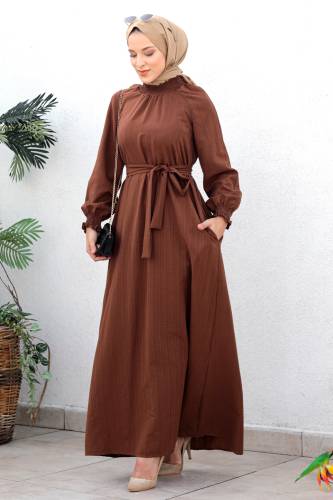 Gipe Detaylı Tesettür Elbise TSD221204 Kahverengi 