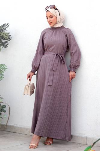 Gipe Detaylı Tesettür Elbise TSD221204 Lila 