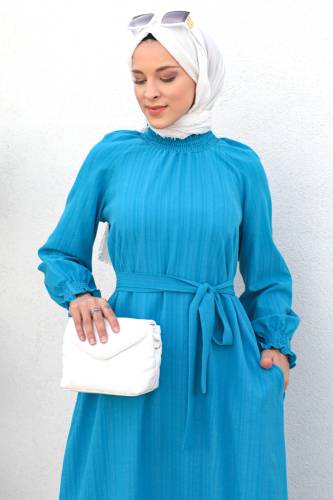 Gipe Detaylı Tesettür Elbise TSD221204 Mavi - 4