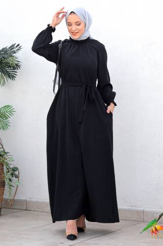 Gipe Detaylı Tesettür Elbise TSD221204 Siyah 