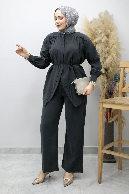 Gizli Düğmeli Beli İpli İkili Takım TSD260176 Antrasit - Tesettür Dünyası