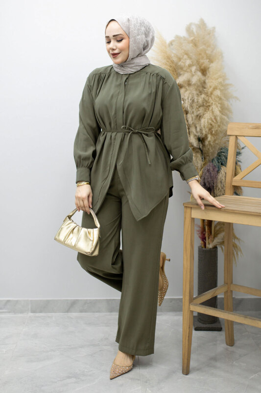 Gizli Düğmeli Beli İpli İkili Takım TSD260176 Haki - Tesettür Dünyası