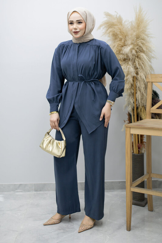 Gizli Düğmeli Beli İpli İkili Takım TSD260176 İndigo - Tesettür Dünyası