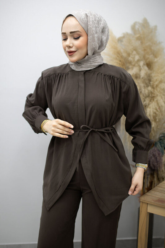 Gizli Düğmeli Beli İpli İkili Takım TSD260176 Kahverengi - Tesettür Dünyası (1)