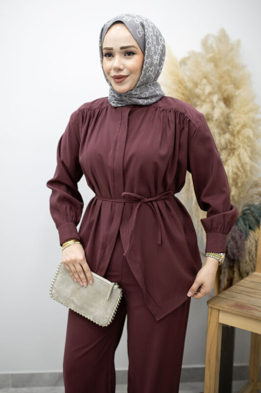 Gizli Düğmeli Beli İpli İkili Takım TSD260176 Mürdüm - Tesettür Dünyası (1)