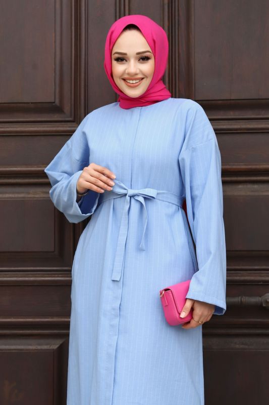 Gizli Fermuarlı Çizgili Kuşaklı Ferace TSD240202 Bebe Mavisi - Tesettür Dünyası (1)