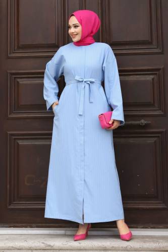 Gizli Fermuarlı Çizgili Kuşaklı Ferace TSD240202 Bebe Mavisi 