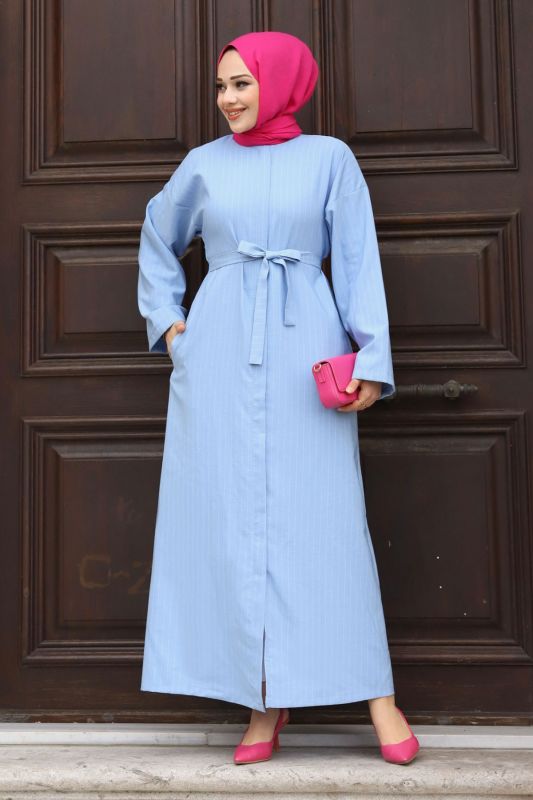 Gizli Fermuarlı Çizgili Kuşaklı Ferace TSD240202 Bebe Mavisi - Tesettür Dünyası