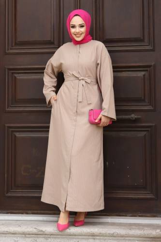 Gizli Fermuarlı Çizgili Kuşaklı Ferace TSD240202 Bej 