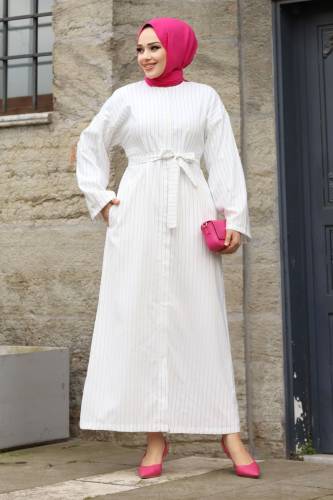 Gizli Fermuarlı Çizgili Kuşaklı Ferace TSD240202 Beyaz 