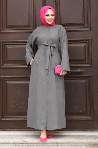 Gizli Fermuarlı Çizgili Kuşaklı Ferace TSD240202 Gri 