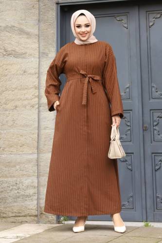 Gizli Fermuarlı Çizgili Kuşaklı Ferace TSD240202 Kahverengi 