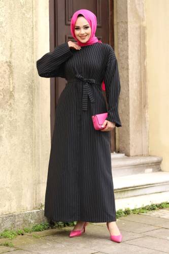 Gizli Fermuarlı Çizgili Kuşaklı Ferace TSD240202 Siyah 