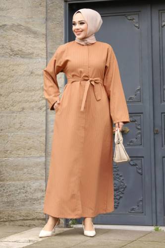 Gizli Fermuarlı Çizgili Kuşaklı Ferace TSD240202 Taba 