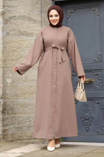 Gizli Fermuarlı Çizgili Kuşaklı Ferace TSD240202 Vizon 