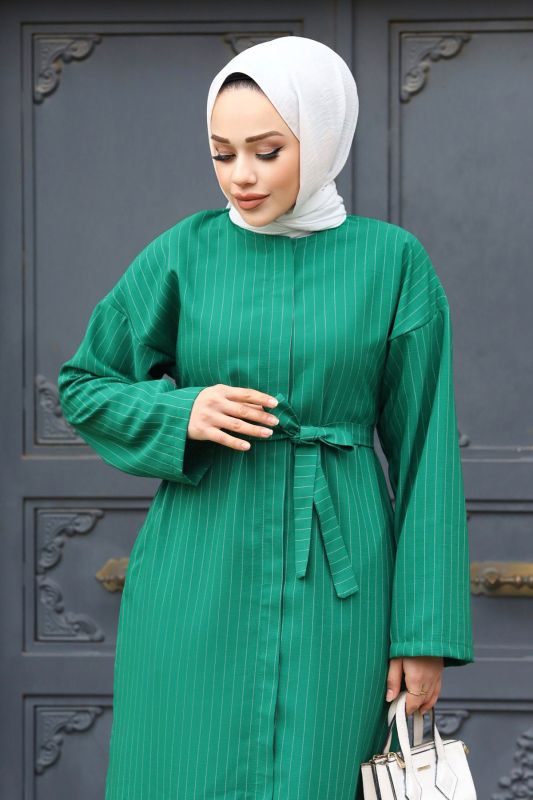 Gizli Fermuarlı Çizgili Kuşaklı Ferace TSD240202 Yeşil - Tesettür Dünyası (1)