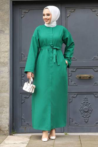 Gizli Fermuarlı Çizgili Kuşaklı Ferace TSD240202 Yeşil 