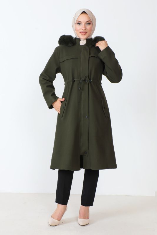 Gizli Fermuarlı Kaşe Kaban TSD230805 Haki - Tesettür Dünyası