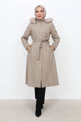 Gizli Fermuarlı Kuşaklı Kaşe Kaban TSD230813 Bej 