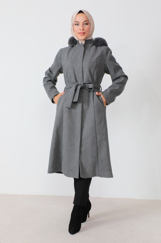 Gizli Fermuarlı Kuşaklı Kaşe Kaban TSD230813 Gri - 1