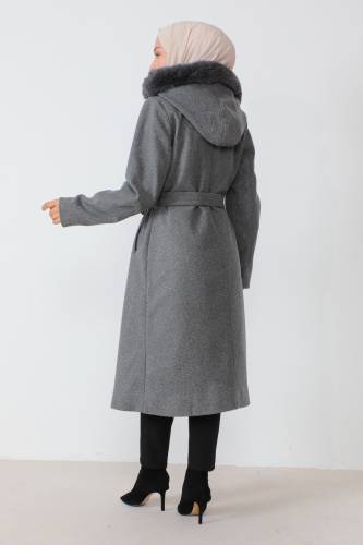 Gizli Fermuarlı Kuşaklı Kaşe Kaban TSD230813 Gri - 5